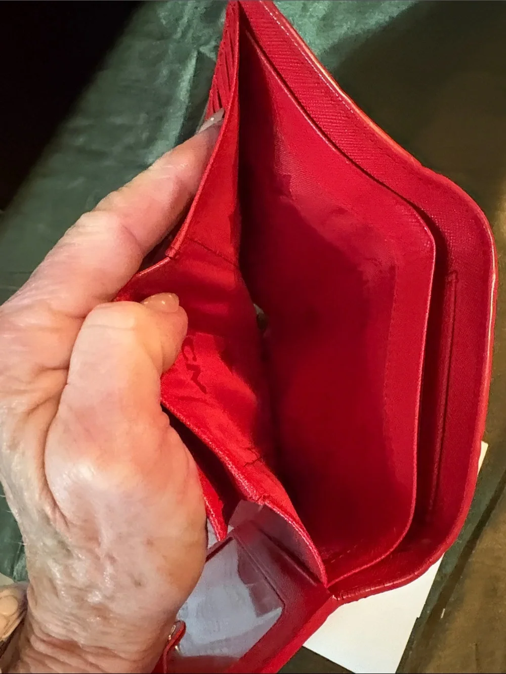 MCM Red Embossed Leather Trifold Wallet with Gold Plaque Accent